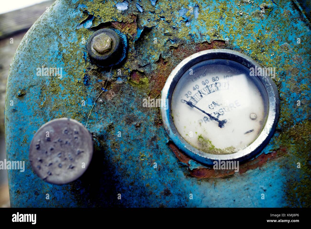 Close up of a pressure gauge on old "Ferguson" tractor panel. Hawes, Gayle, Richmondshire