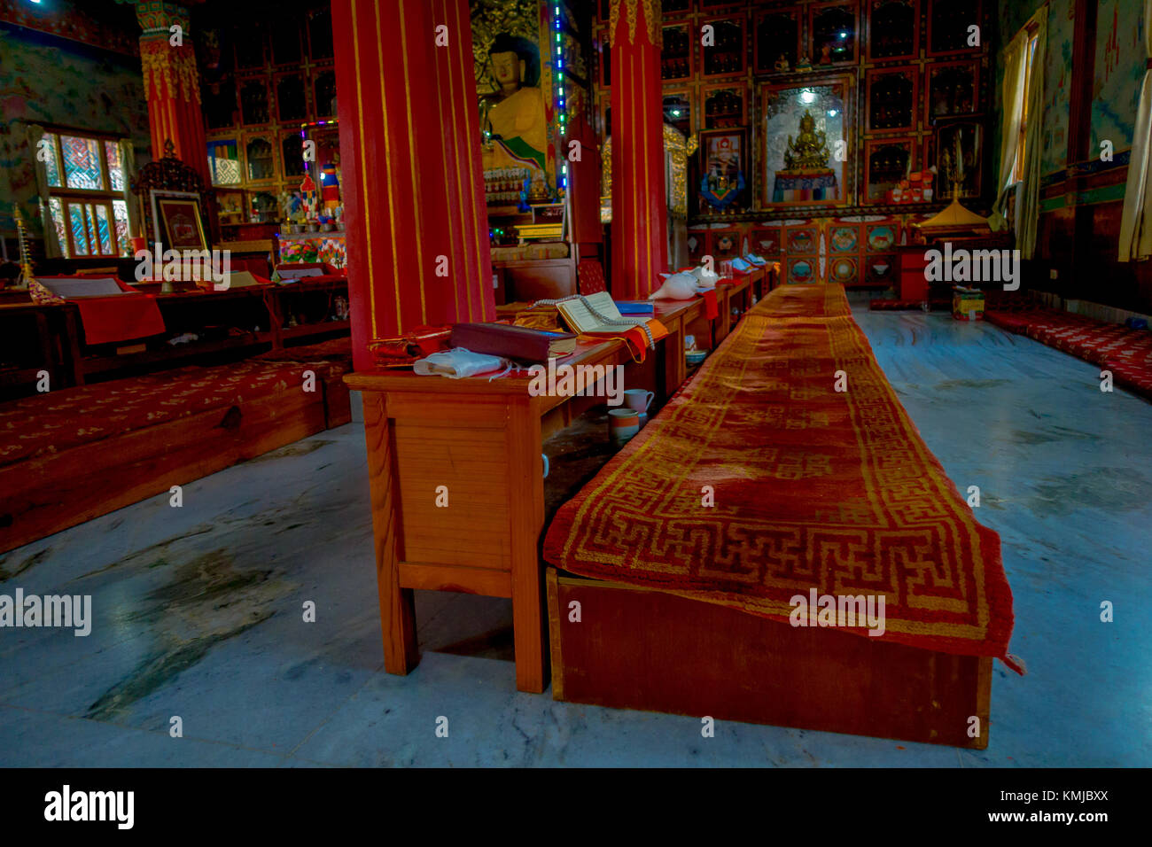 POKHARA, NEPAL OCTOBER 06 2017 Indoor view of prayer place inside of