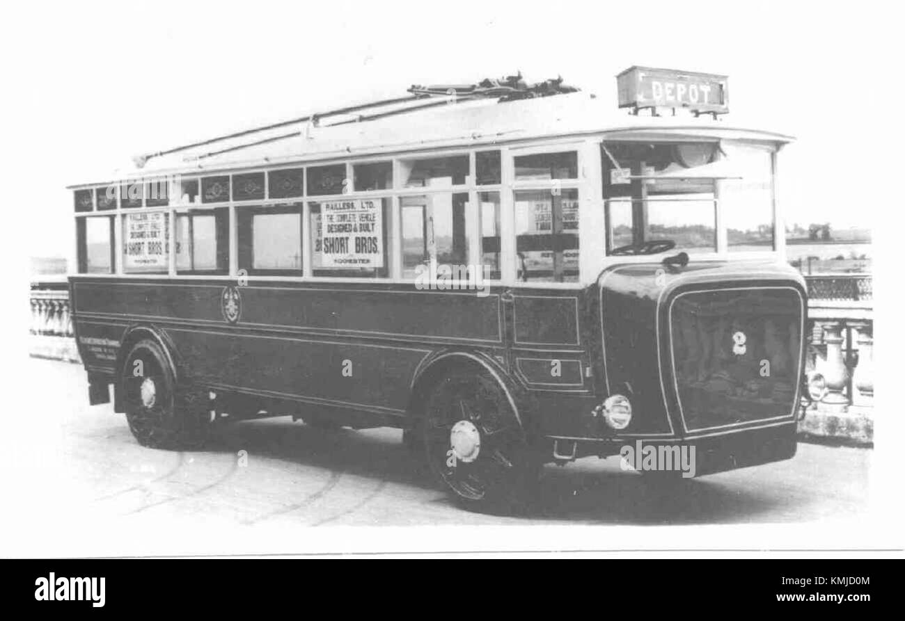 This photograph captures Oldham trolleybus number 2, a 1925 model. The ...