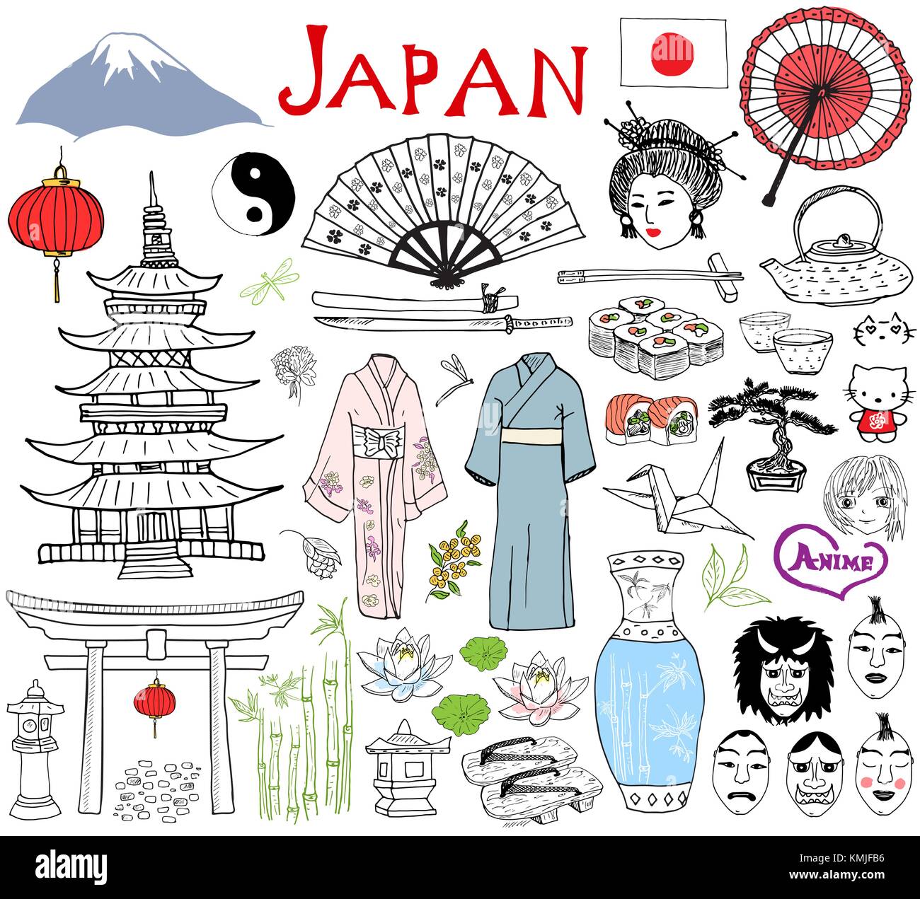 Japan doodles elements. Hand drawn sketch set with Fujiyama mountain, Shinto gate, Japanese food sushi and tea set, fan, theater masks, katana, pagoda Stock Vector