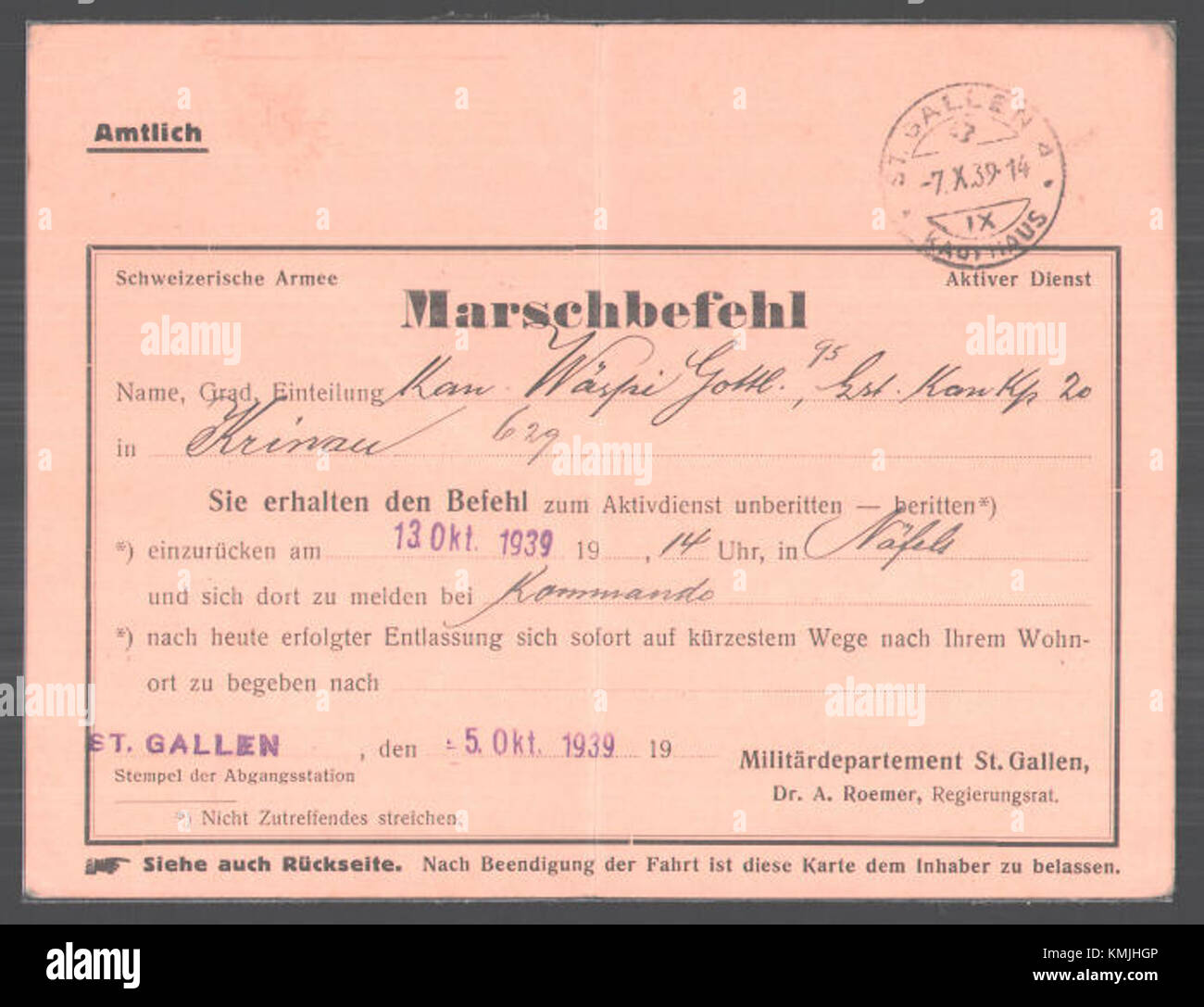 Marschbefehl-Aktiver-Dienst-Schweizer-Armee-Militaerdepartement-St-Gallen-1939 Stock Photo