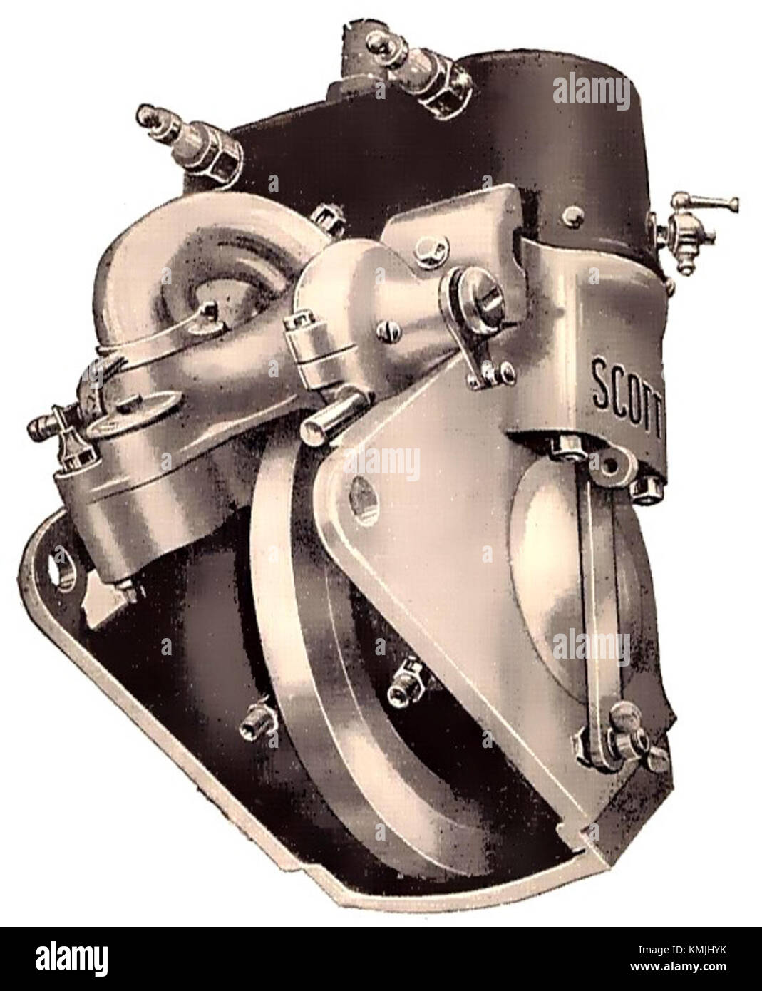 The Scott two-cylinder two-stroke engine was a pioneering design in motorcycle engineering, known for its innovative mechanics and powerful performance in the early 20th century. Stock Photo