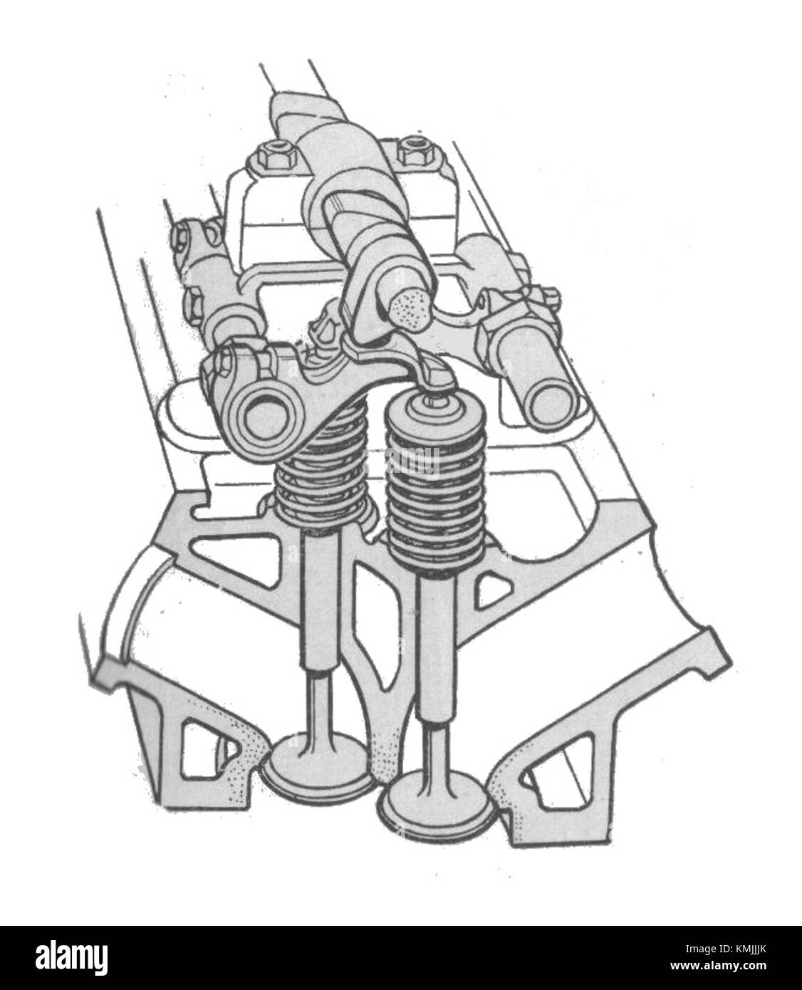 This diagram from the 1935 edition of the Autocar Handbook illustrates the overhead camshaft with rockers, a critical component in early automotive engine design, highlighting engineering advancements in vehicle performance. Stock Photo