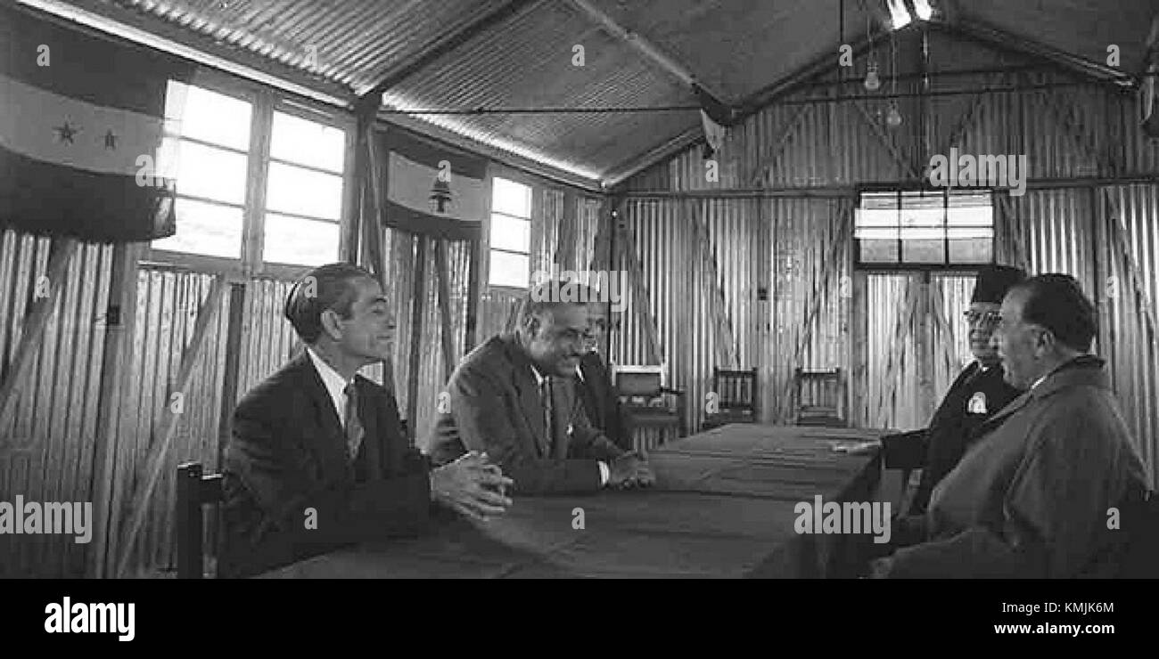 United Arab Republic President Gamal Abdul Nasser meeting his Lebanese counterpart Fouad Shihab in 1958 Stock Photo