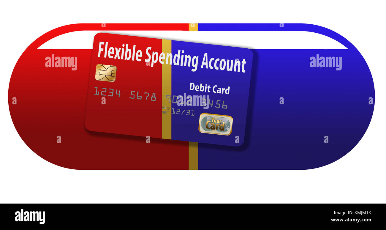 A flexible spending account debit card is decorated with a medicine