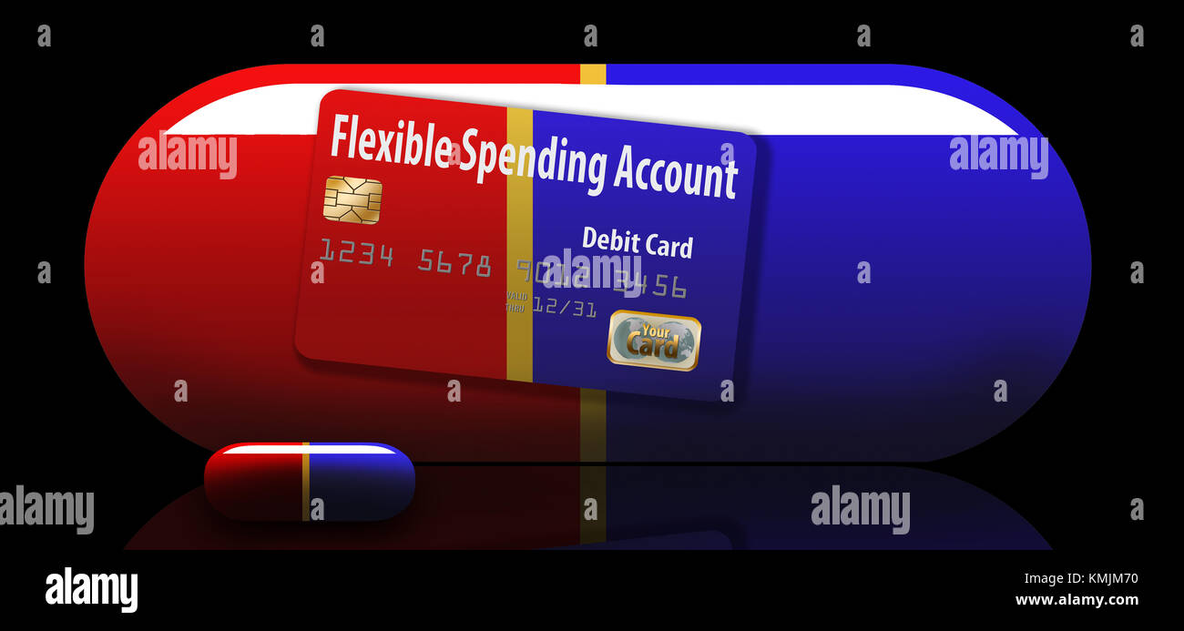 A flexible spending account debit card is decorated with a medicine