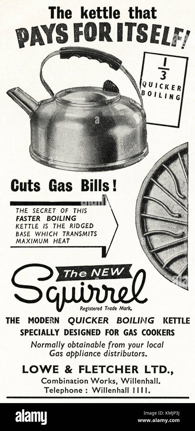 1950s old vintage original advert british magazine print advertisement advertising new Squirrel boiling kettle for gas cookers by Lowe & Fletcher of Willenhall England UK dated 1958 Stock Photo