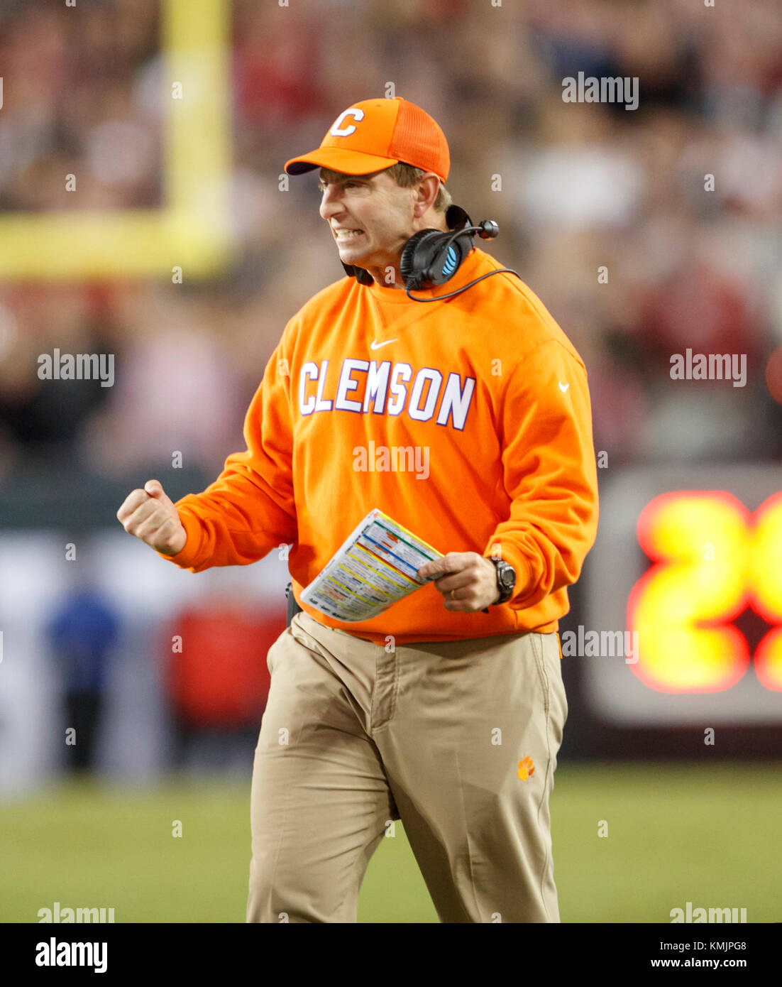 Clemson Tigers Head Coach Dabo Swinney celebrates during the 2017 College Football Playoff National Championship game against Alabama in Tampa, Fla. Stock Photo