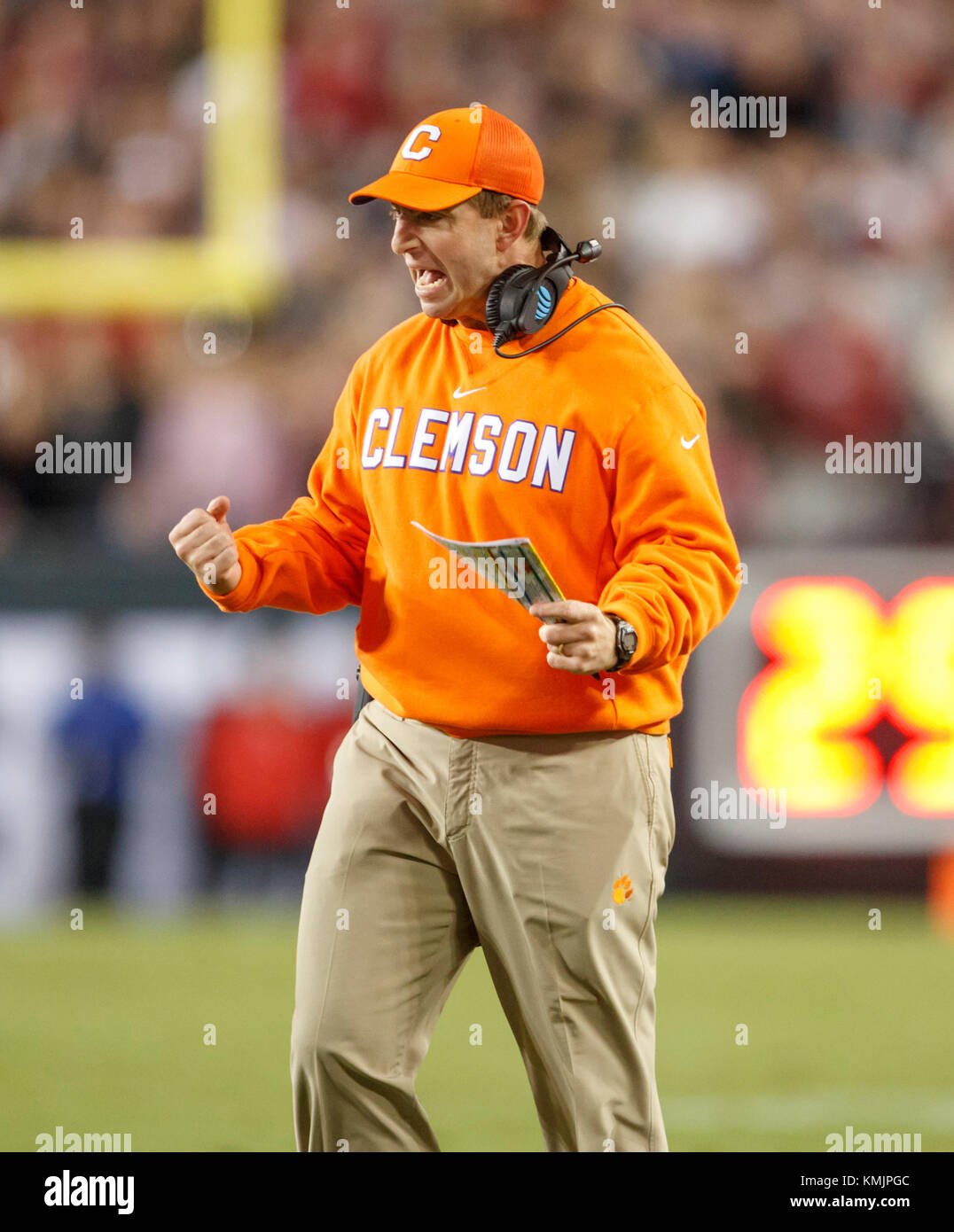 Clemson Tigers Head Coach Dabo Swinney celebrates during the 2017 College Football Playoff National Championship game against Alabama in Tampa, Fla. Stock Photo