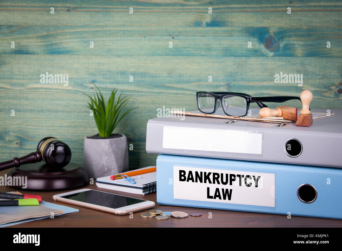 Bankruptcy law. Binders on desk in the office. Business background