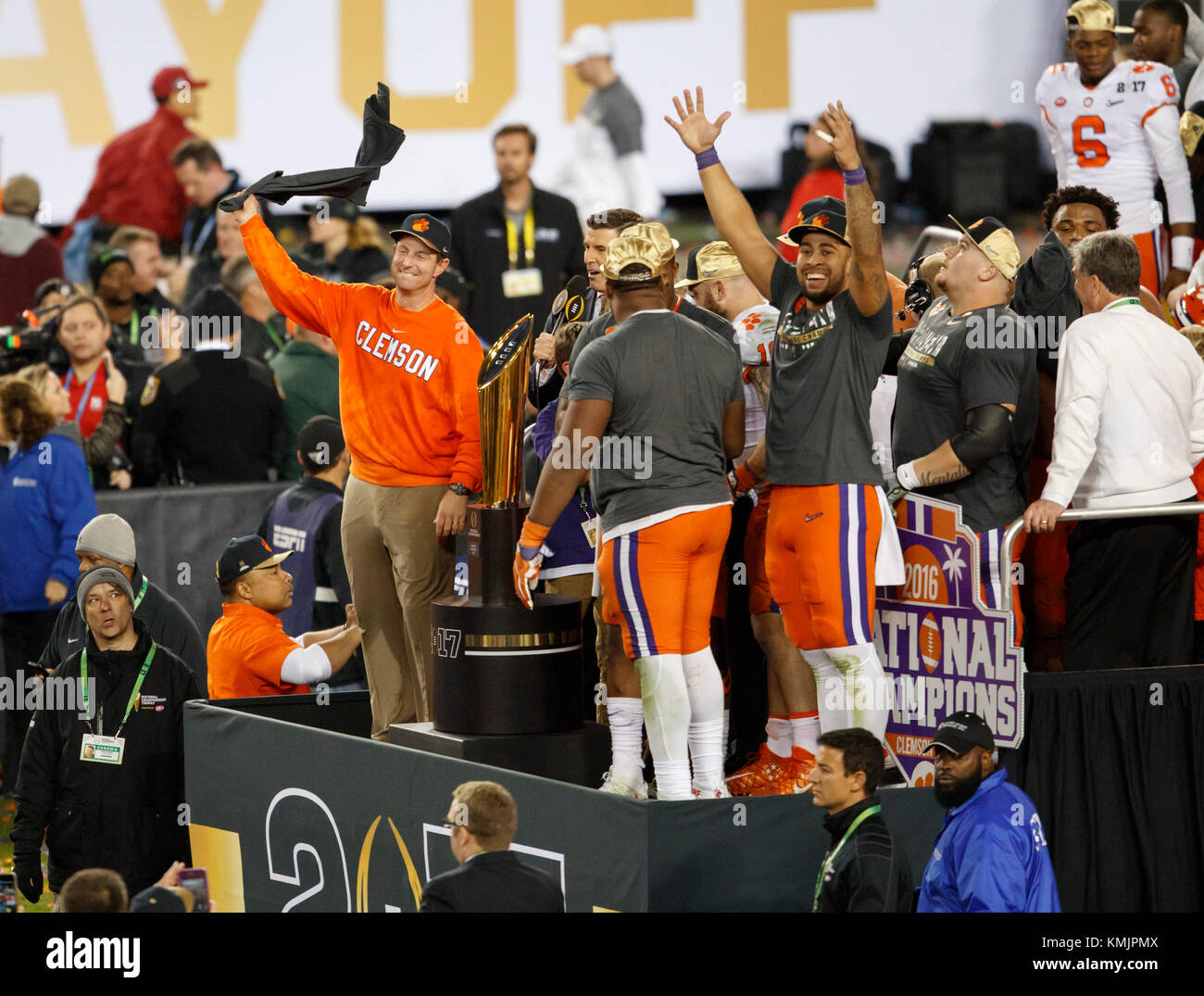 JANUARY 9, 2017: Clemson Tigers Head Coach Dabo Swinney celebrates after winning the 2017 College Football Playoff National Championship game at Raymo Stock Photo