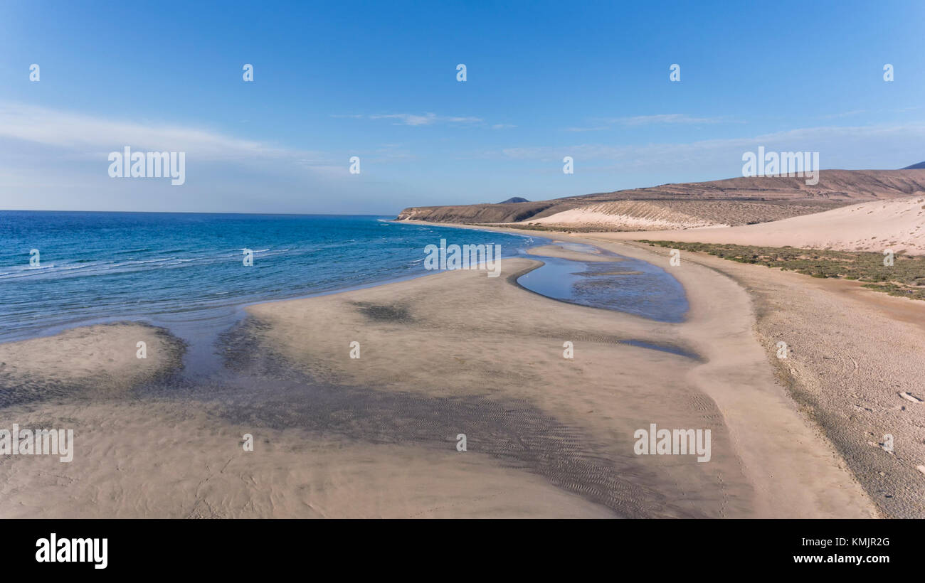 Aerial view of sand banks, dunes on white beach, Jandia, Costa Calma, Fuerteventura, Canary Islands . Stock Photo