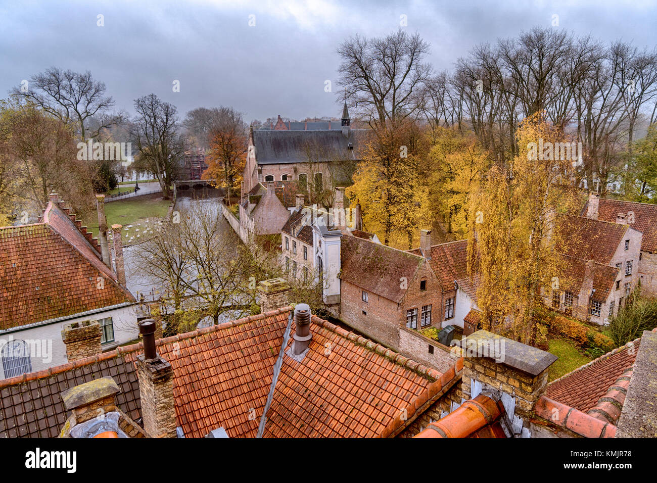 Bruges. Roof top view from the De Halve Maan Brewery towards Minnewater Stock Photo