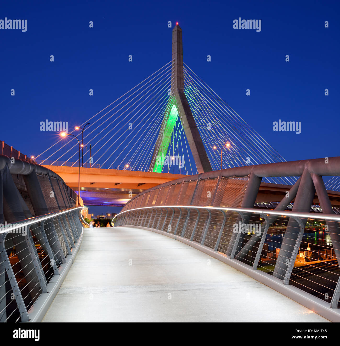 North Bank Walkway and Zakim Bridge at Night in Boston, Massachusetts
