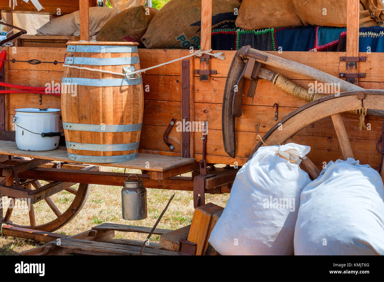 McMinnville, Oregon, USA - August 13, 2016:  Close up of items along the side of a wooden wagon on display at Yamhill County Harvest Festival. Stock Photo
