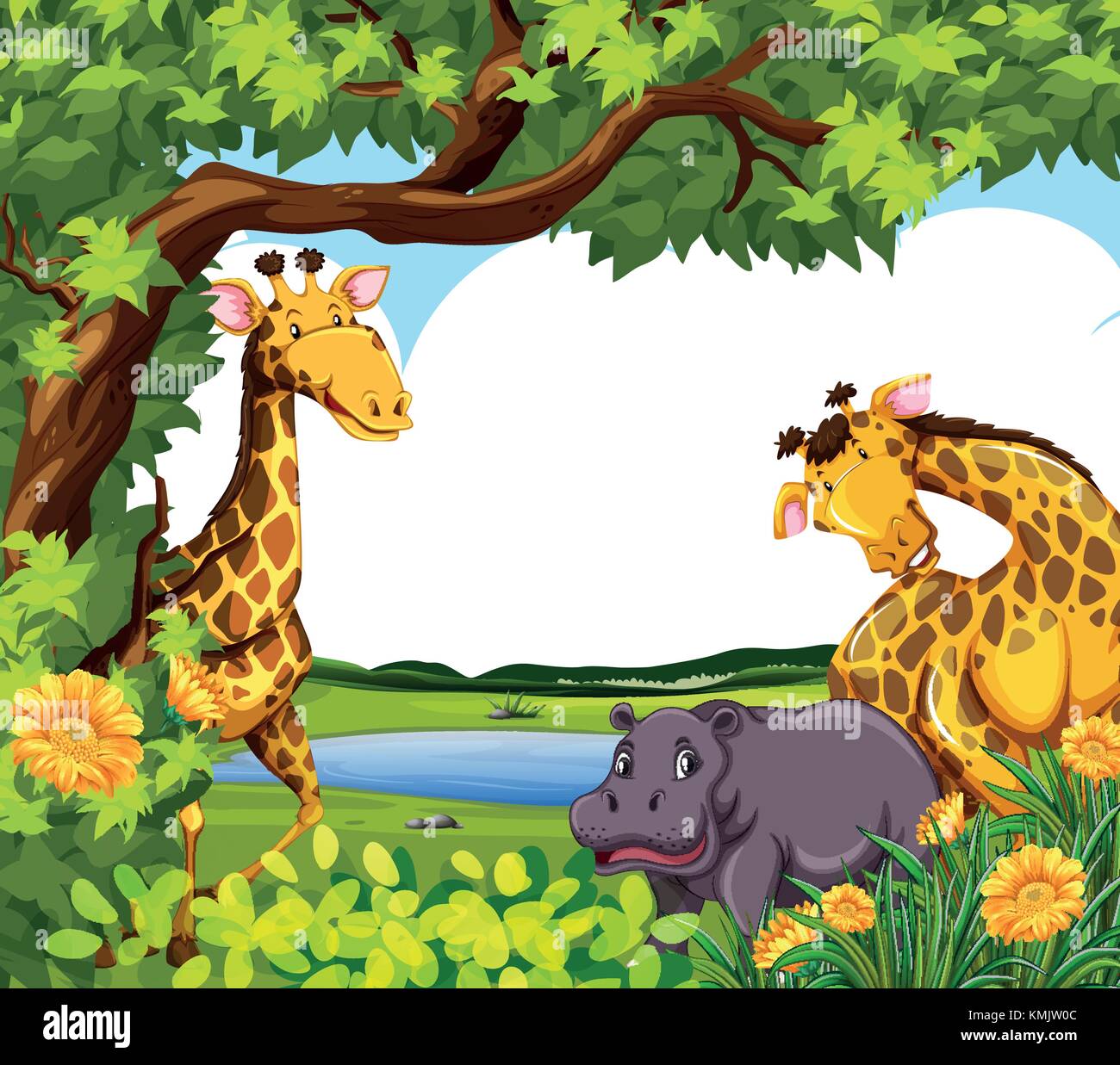 Giraffes and hippo by the pond illustration Stock Vector Image & Art ...