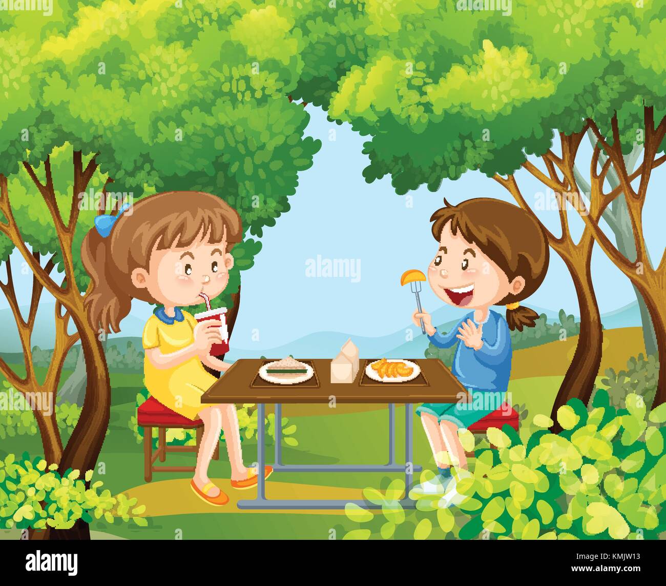 Two girls having picnic in the woods illustration Stock Vector Image