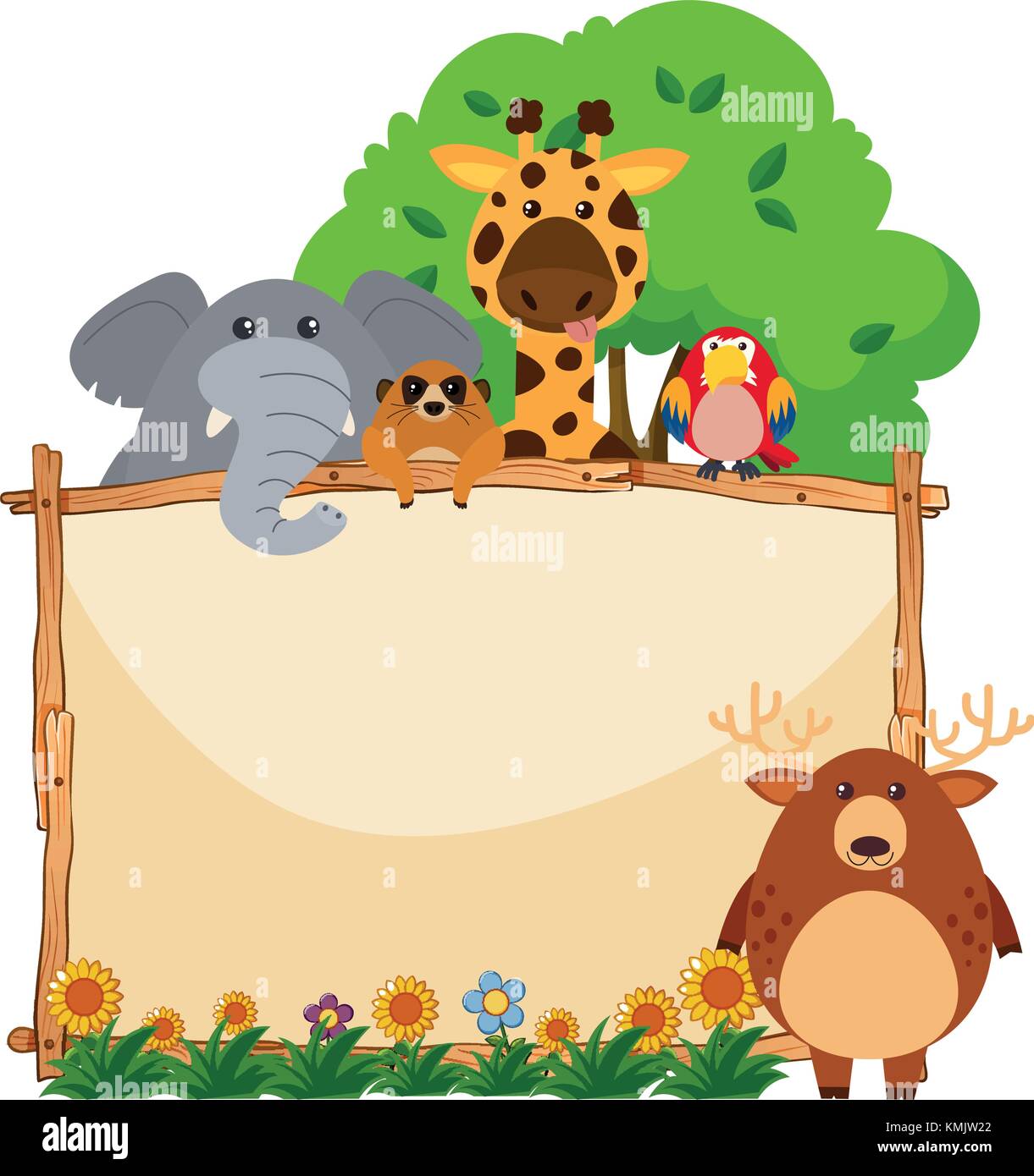 Wooden frame with wild animals in garden illustration Stock Vector ...
