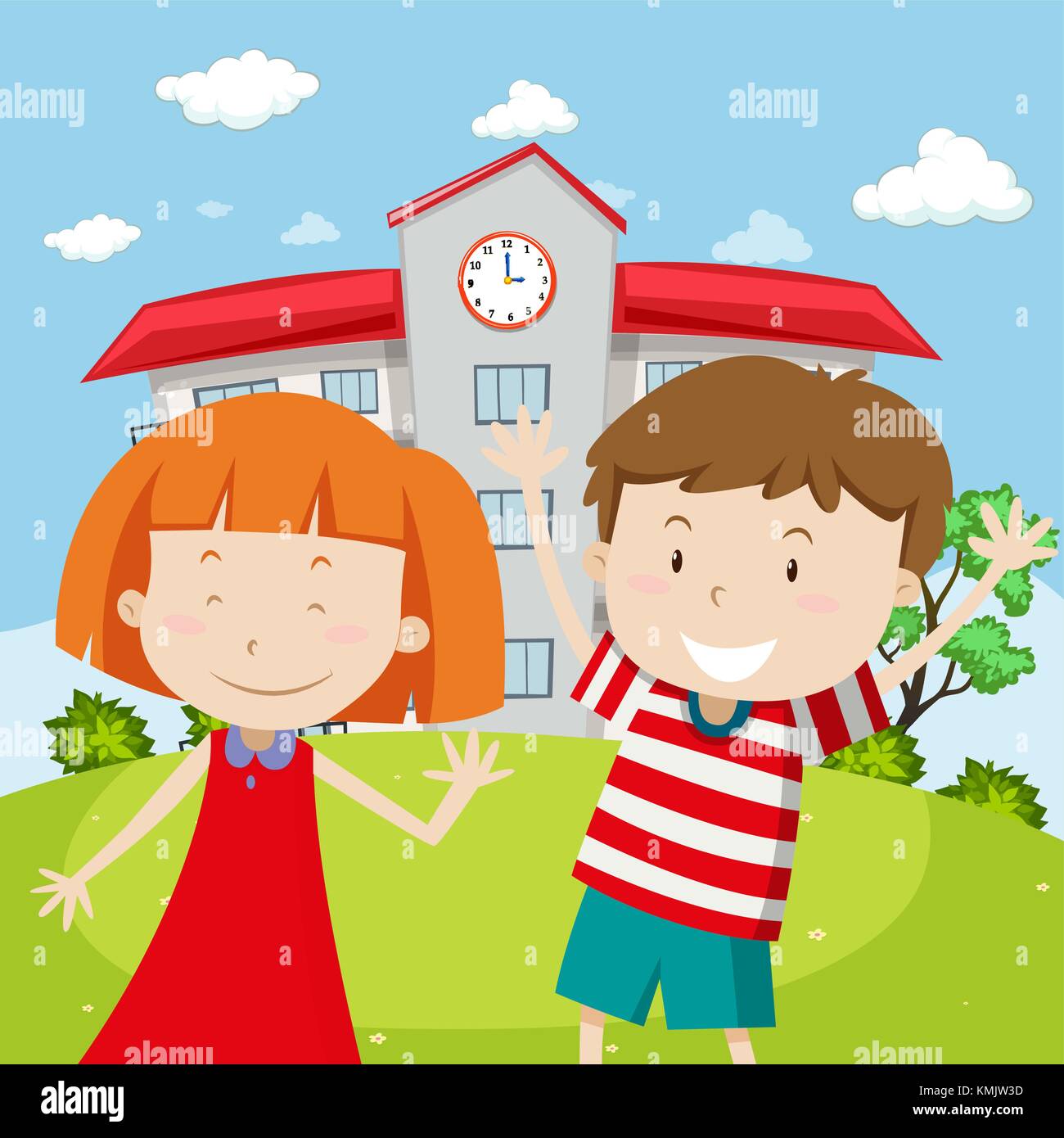 School scene with two happy kids illustration Stock Vector Image & Art ...