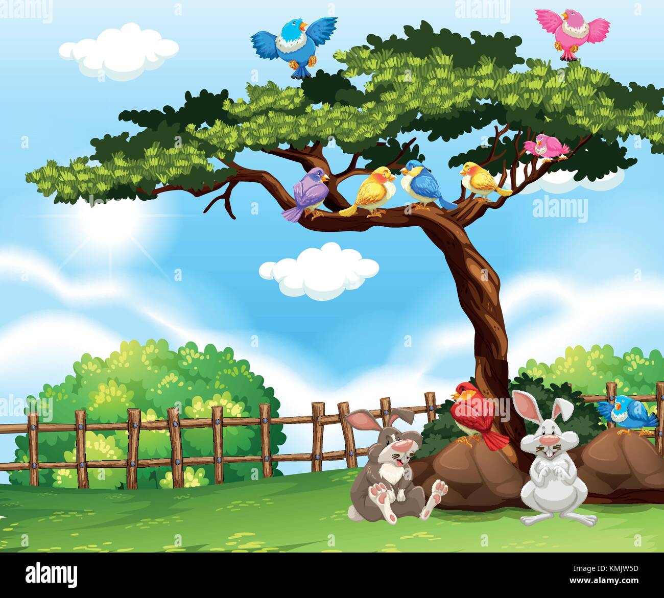 Background scene with birds on the tree and bunnies on the grass ...