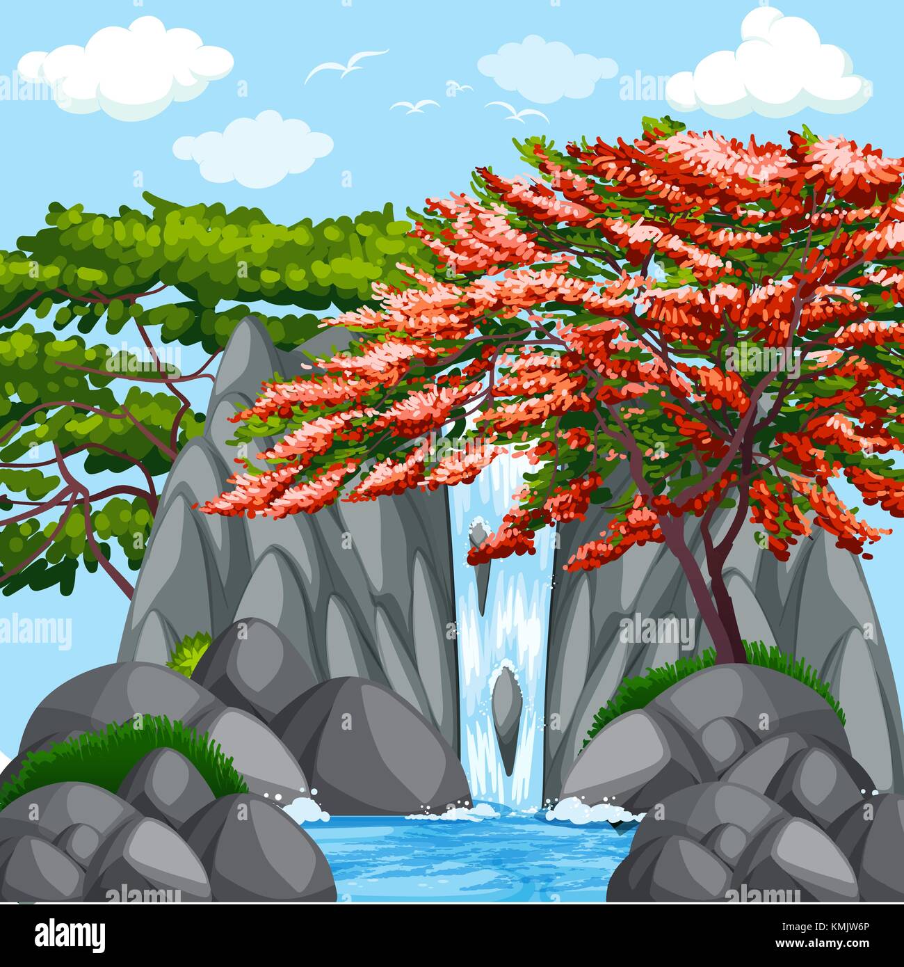 Background scene with trees at waterfall illustration Stock Vector ...