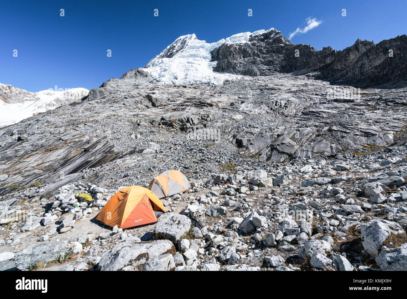 At high/moraine camp of Artesonraju mountain, Santa Cruz valley, Cordillera Blanca, Peru Stock Photo