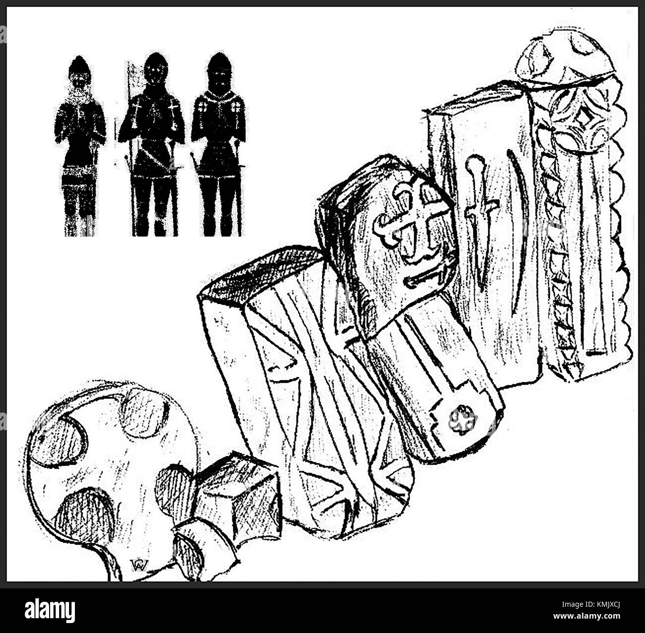 A sketch of ancient   knights Knights Templar grave markers and fragments in the porchway of Christ Church, Westerdale village , North Yorkshire, UK once a centre of Templar activity. Stock Photo