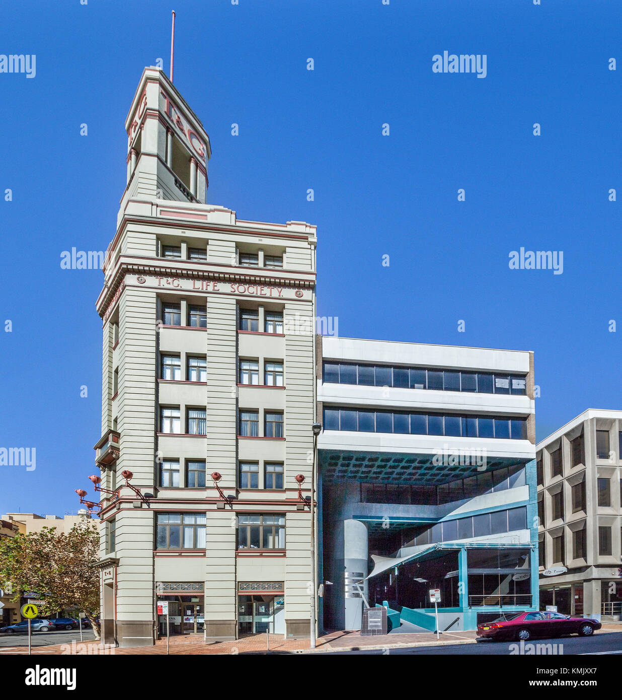 Australia, New South Wales, Newcastle, contrasting architecture of the 1937 T & G Building and ultra modern office building in Watt Street Stock Photo
