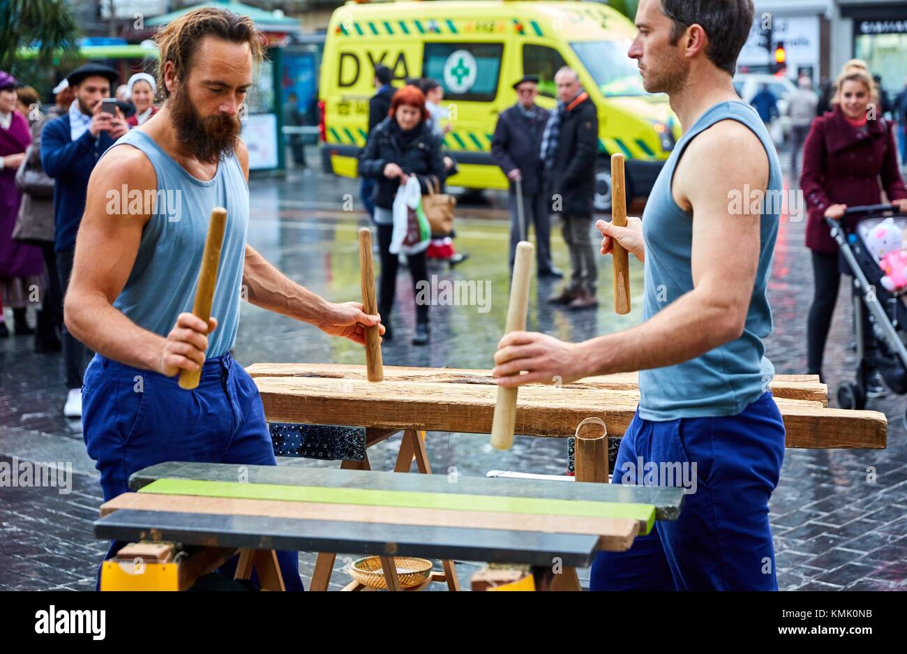 Txalaparta (Basque typical wooden percussion instrument), Feria de Santo Tomás, The feast of St. Thomas takes place on December 21. During this day Stock Photo