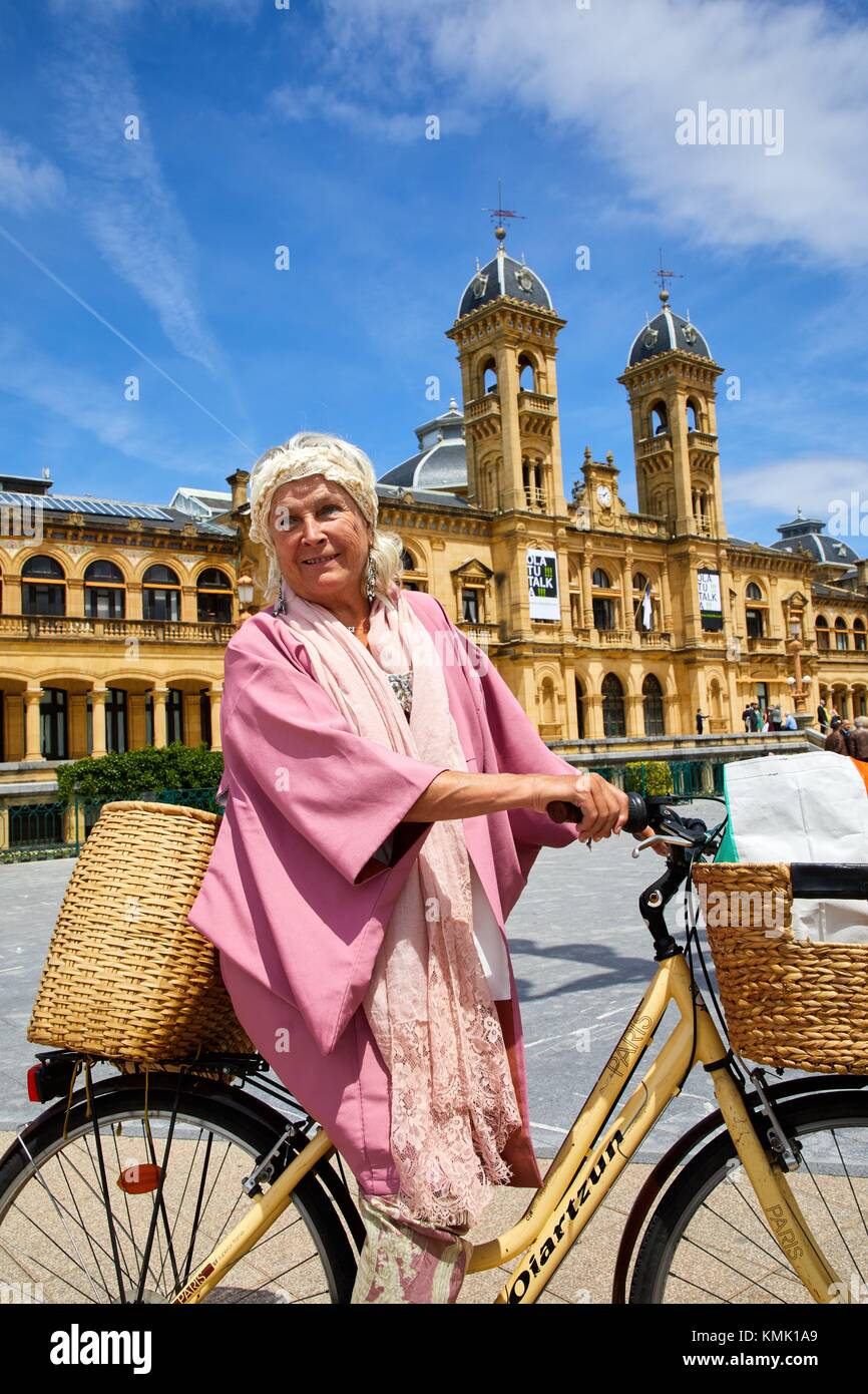 Ane Guisasola, Actress on a bicycle, Town Hall, Alderdi Eder Park, Donostia, San Sebastian, Gipuzkoa, Basque Country, Spain, Europe Stock Photo