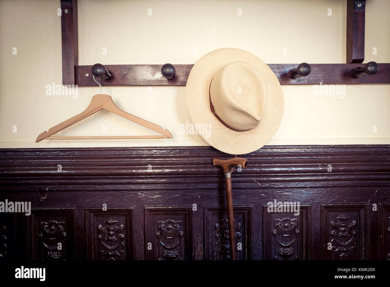 Panama hat, hanger and walking cane. Maho, Minorca, Balearic Islands, Spain Stock Photo