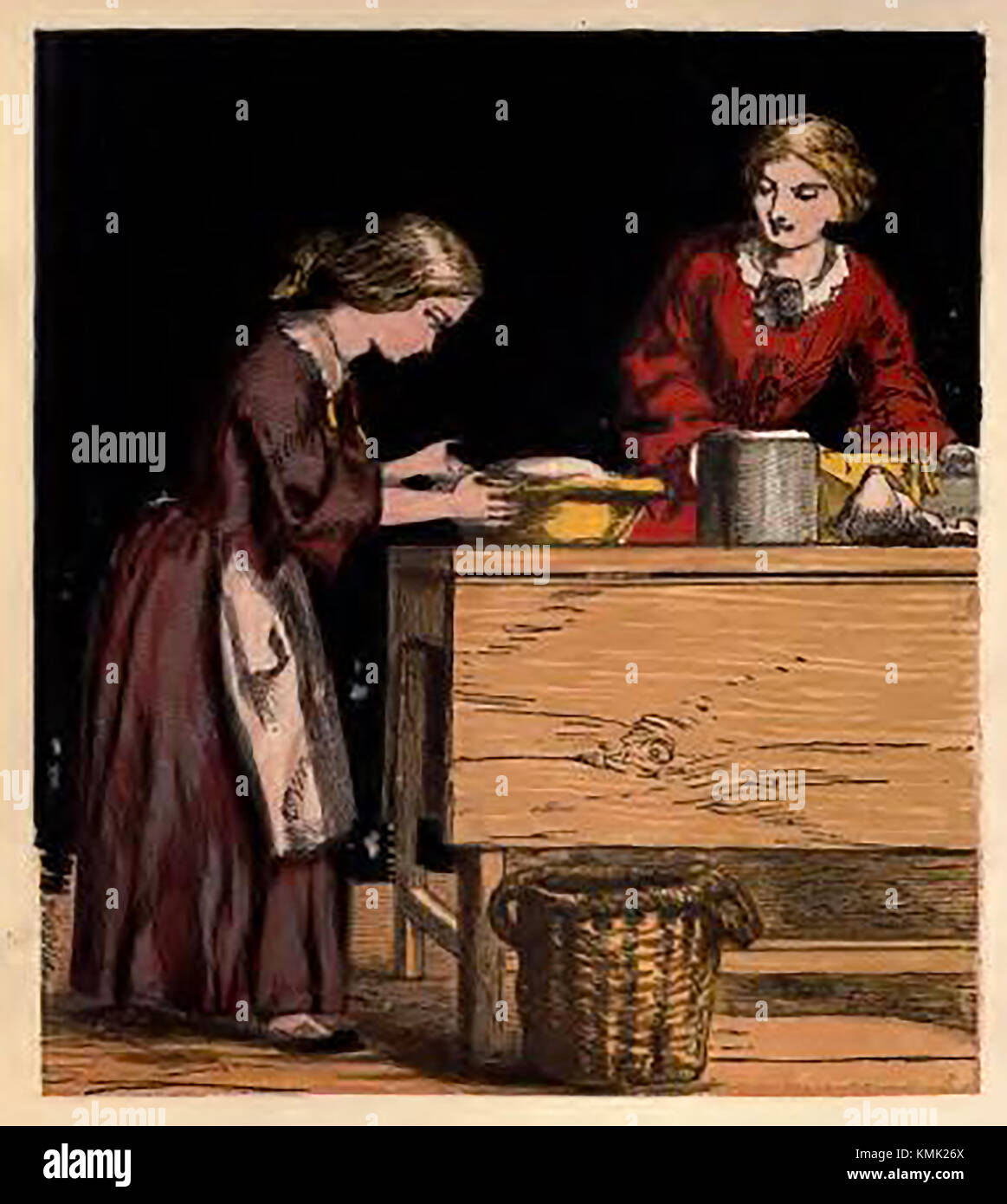 Illustration from a Victorian children's coloured book of occupations and pastimes - Victorian kitchen maids, cooking & baking Stock Photo