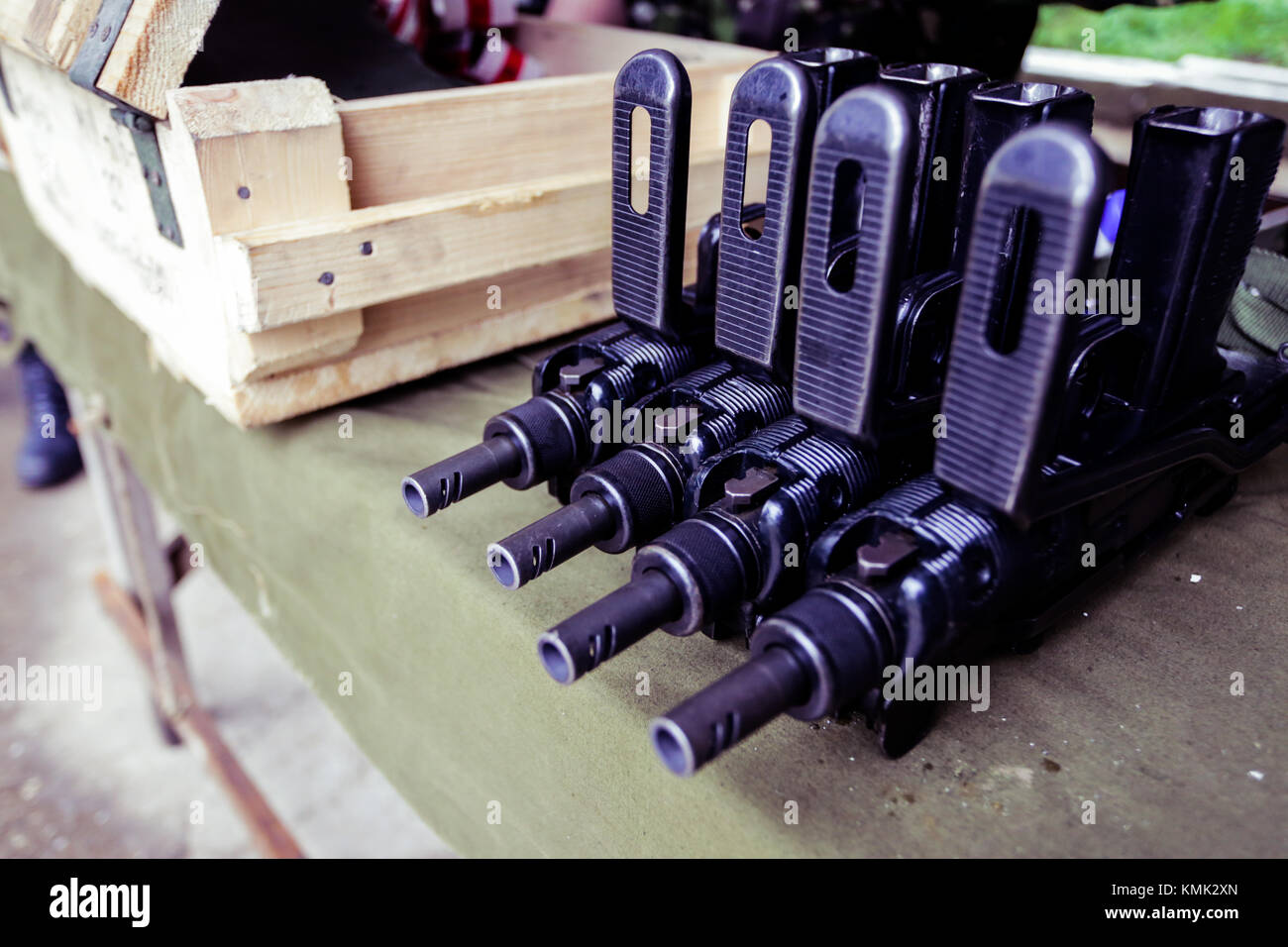9mm machineguns on a military shooting range Stock Photo