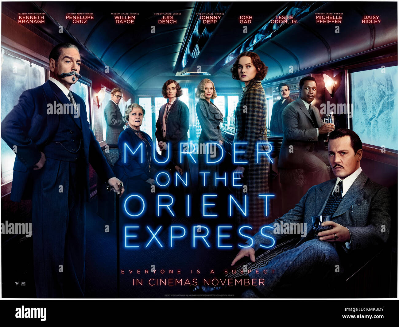 Murder on the Orient Express (2017) directed by Kenneth Branagh and starring Kenneth Branagh, Penélope Cruz, Willem Dafoe, Judi Dench and Johnny Depp. Hercule Poirot returns to the big screen in a new adaptation of the classic Agatha Christie novel. Stock Photo