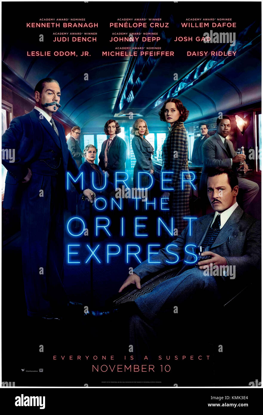 Murder on the Orient Express (2017) directed by Kenneth Branagh and starring Kenneth Branagh, Penélope Cruz, Willem Dafoe, Judi Dench and Johnny Depp. Hercule Poirot returns to the big screen in a new adaptation of the classic Agatha Christie novel. Stock Photo