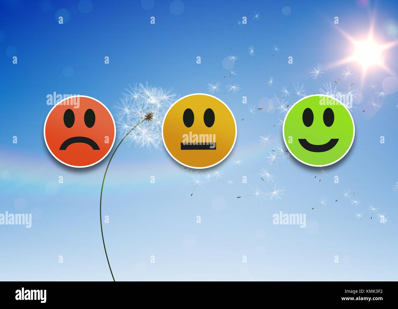 Digital composite of Feedback smiley faces review in sky Stock Photo