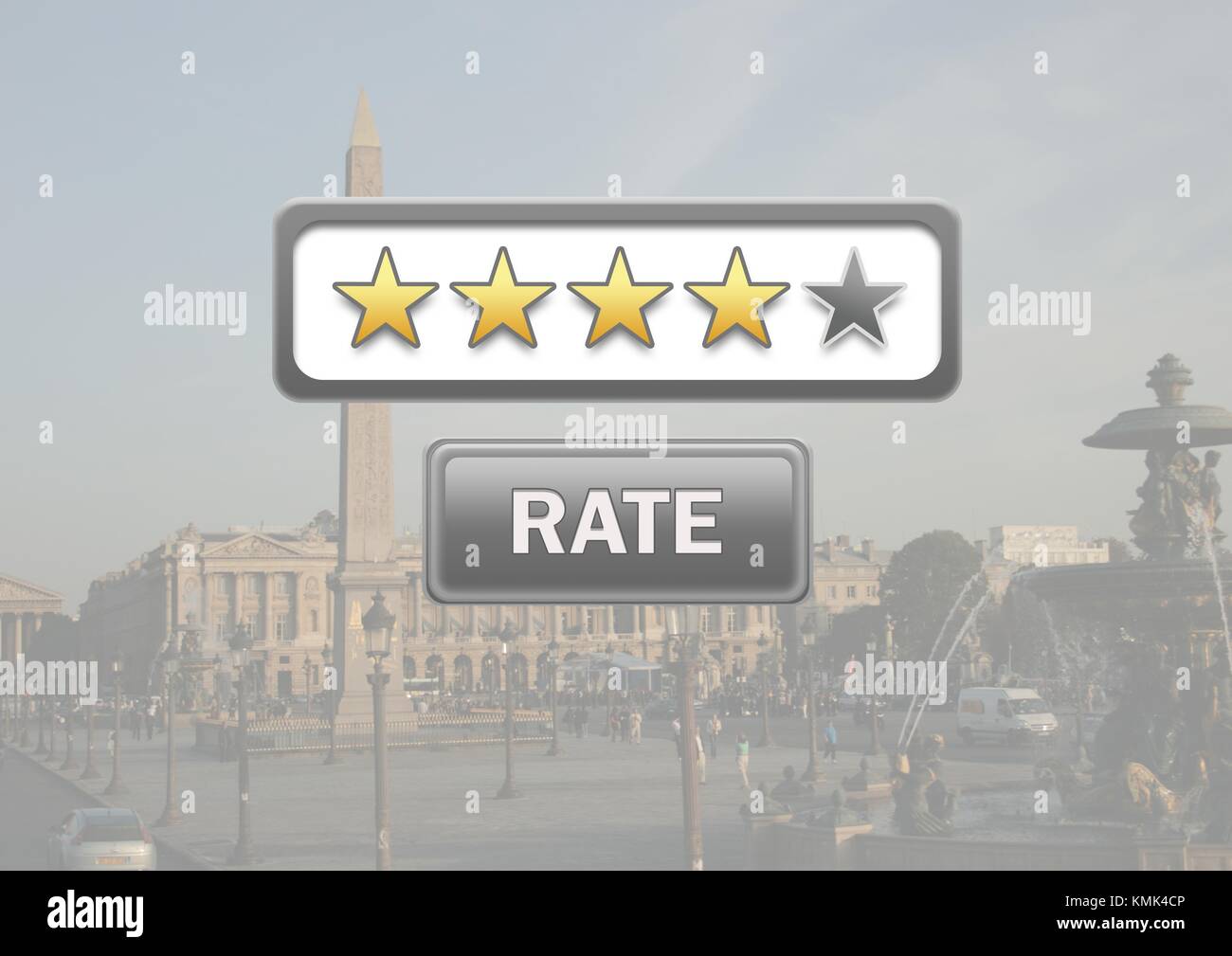 Digital composite of Rating stars and rate button with travel destination background Stock Photo