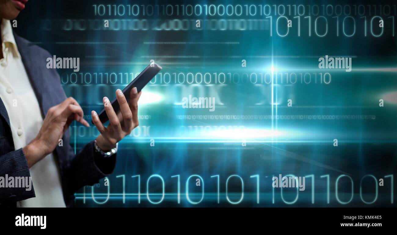Is Cell Phone Using Binary Code Digital composite of Hand holding phone with binary code technology ...