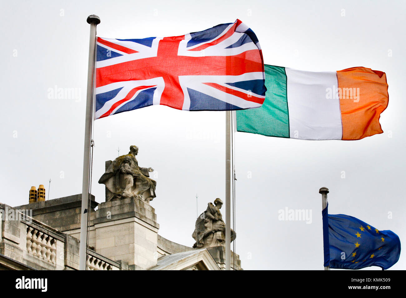 17/05/2011 'British Flag Flies in front of Government Buildings' The British Union Jack Flag flying in front of Government Buildings on the day of Queen Elizabeth IIs visit. The Queen will land at Casement Aerodrome at around noon today, and will then travel to Aras an Uachtarain for a ceremonial welcome. She will plant a tree to mark her visit and have lunch with President McAleese. This afternoon the Queen will carry out one of the most significant engagements of the trip, a visit to the Garden of Remembrance, where she will lay a wreath at the memorial, which commemorates those who died in  Stock Photo