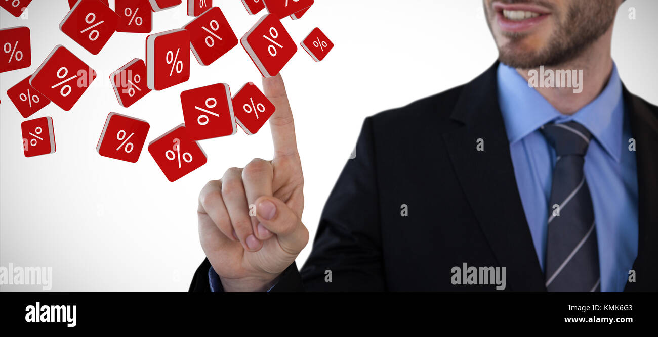 Mid section of smiling businessman touching invisible screen against percent sign vector icon Stock Photo