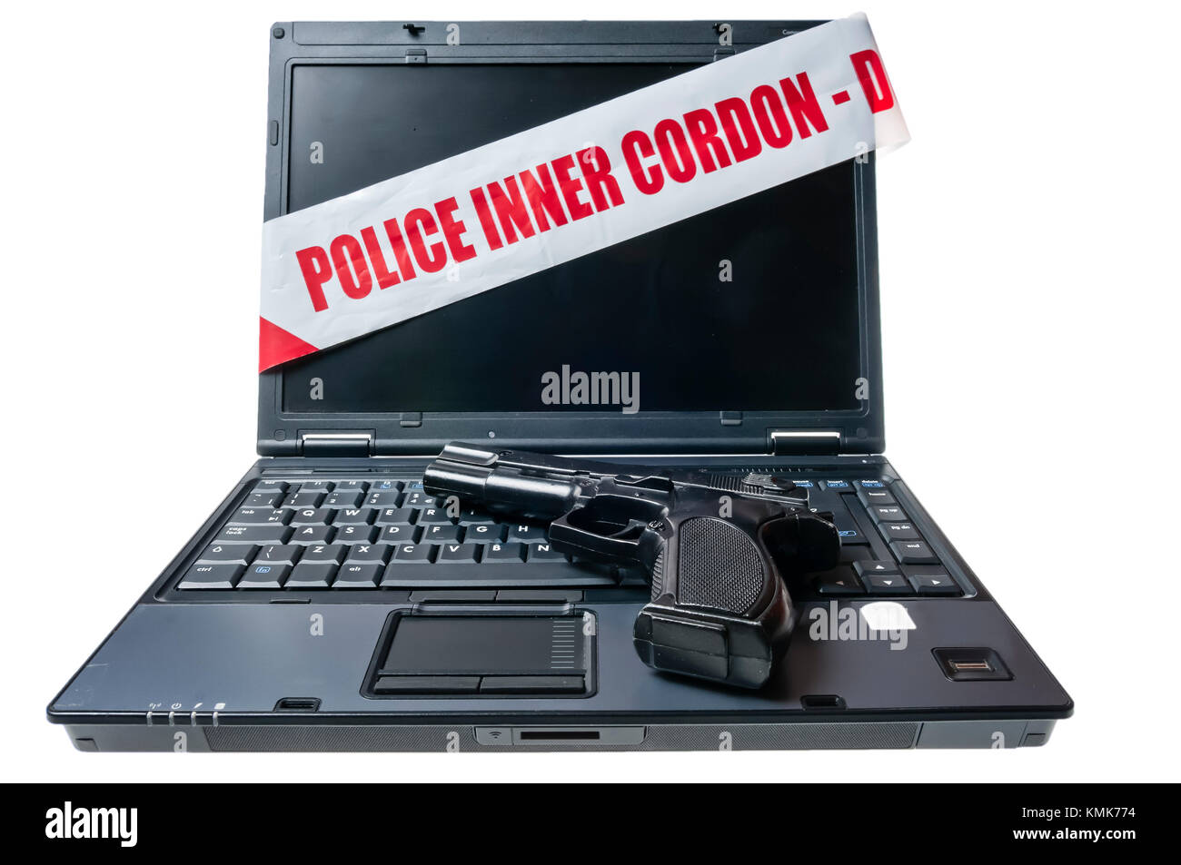 Laptop with police inner cordon crime scene tape and a handgun Stock Photo