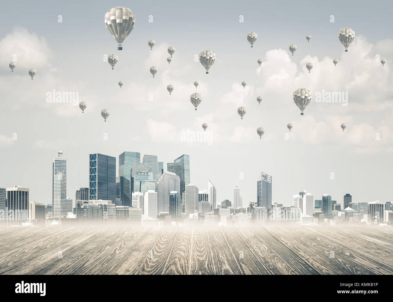 Concept of air pollution concept with aerostats flying above cit Stock ...