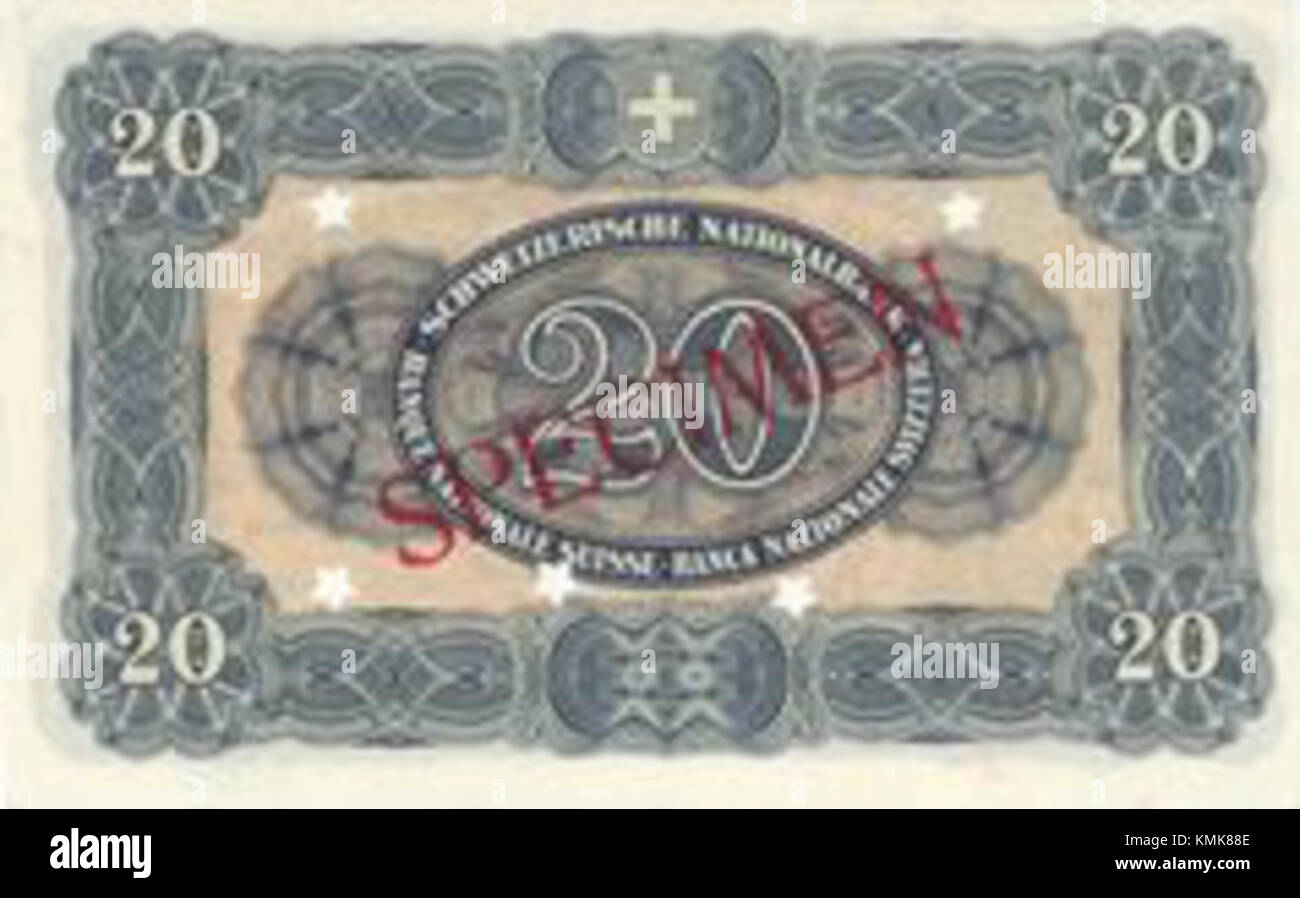 A horizontal image of the back of a Swiss 20 CHF bill, featuring ...
