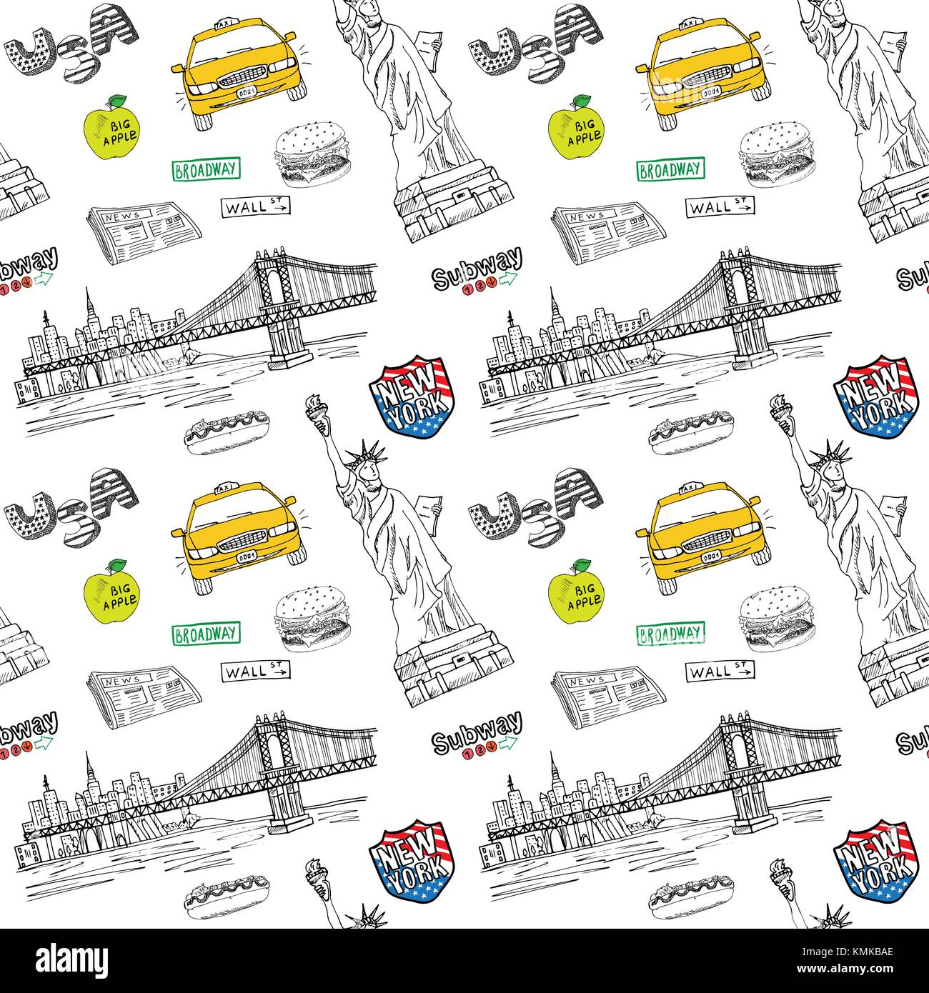 New York city seamless pattern with Hand drawn sketch taxi, hotdog