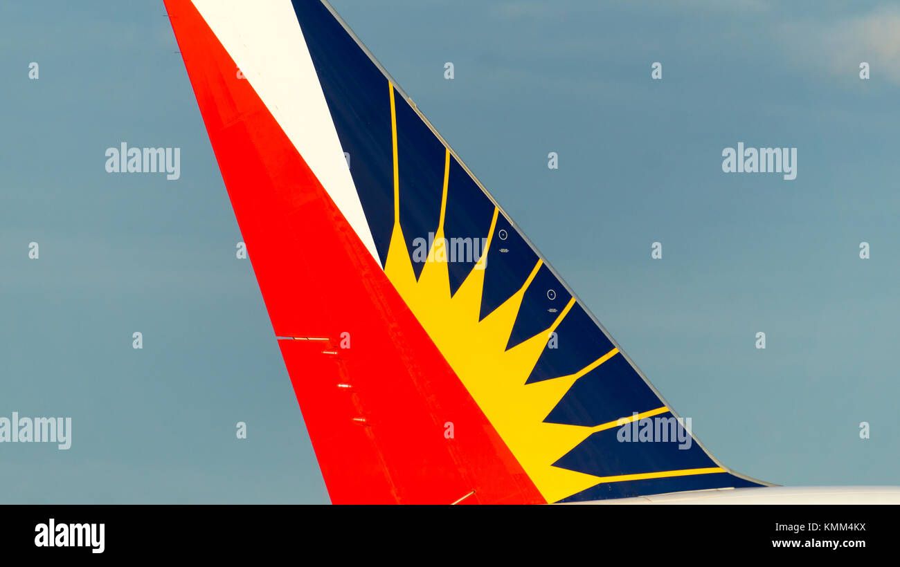 The tall tail of the B777-300ER Stock Photo
