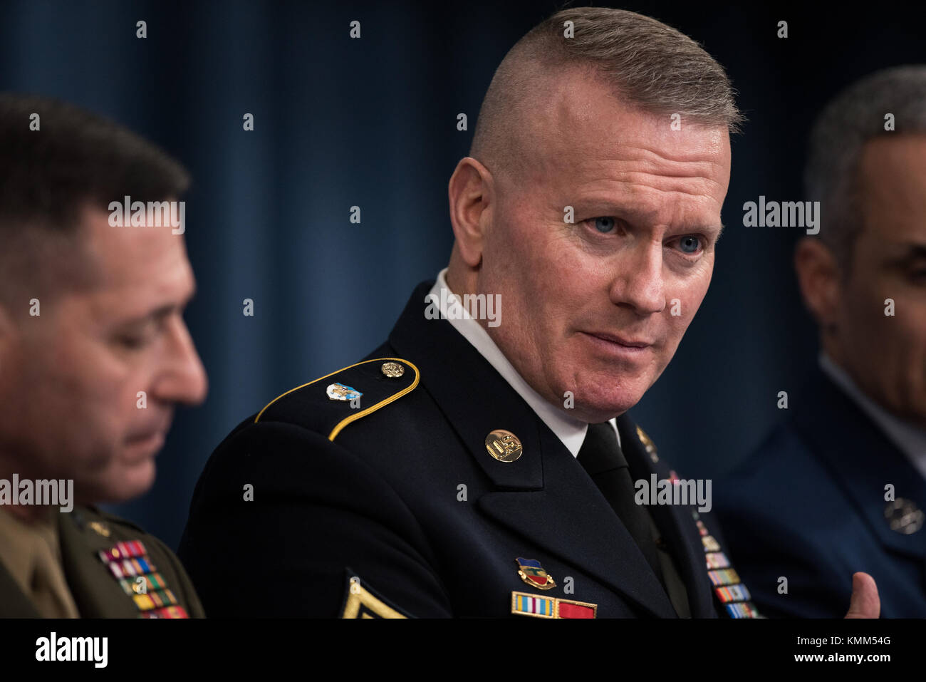 U.S. Joint Chiefs of Staff Chairman Senior Enlisted Advisor John Troxell speaks to the media at the Pentagon Press Briefing Room November 28, 2017 in Washington, DC.  (photo by Amber I. Smith via Planetpix) Stock Photo
