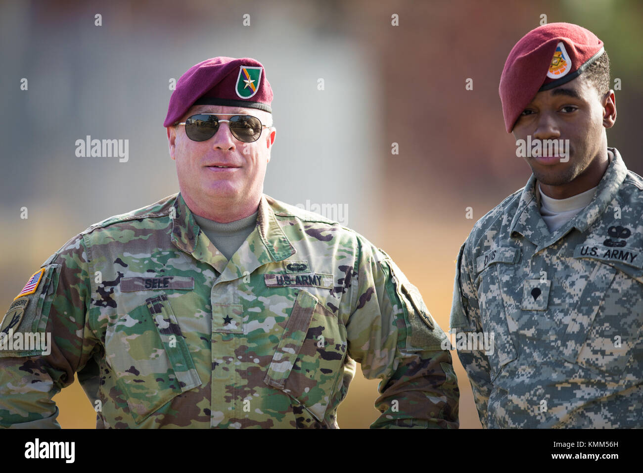 U.S. Army Civil Affairs and Psychological Operations Command Deputy Commanding General Richard Sele (left) talks to a U.S. Army soldier during the 20th annual Randy Oler Memorial Operation Toy Drop at the MacKall Army Airfield December 4, 2017 in Hoffman, North Carolina.  (photo by Jesse L. Artis via Planetpix) Stock Photo