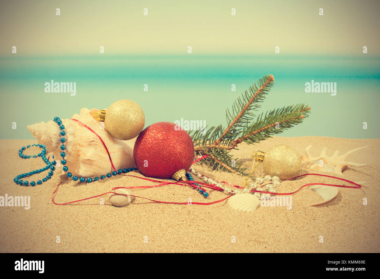 Vintage Christmas Tree Decorations On The Beach In Tropical