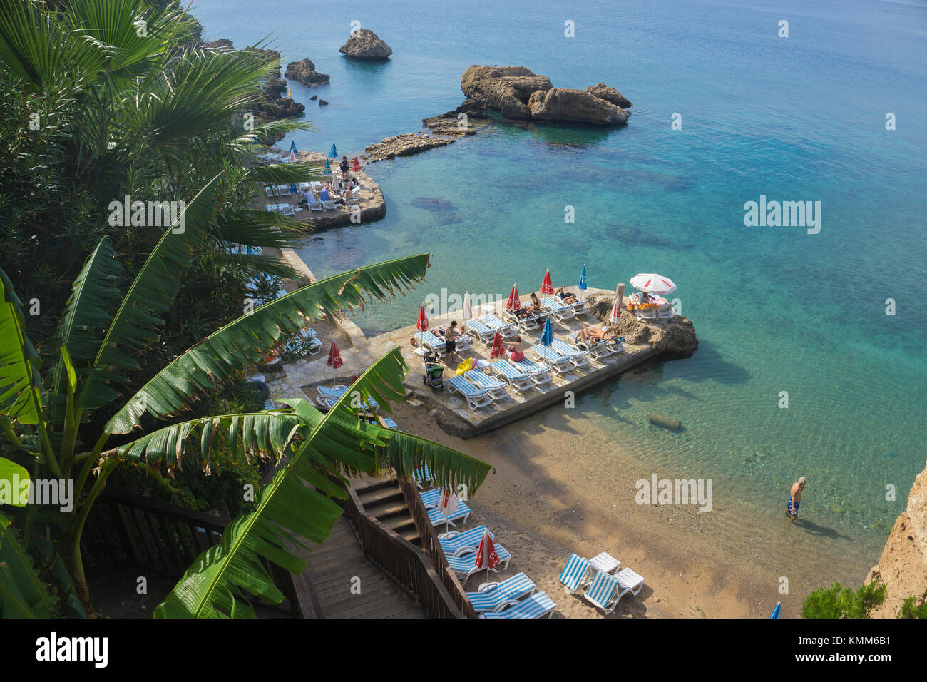 The tiny Mermerli beach at the harbour of the old town Kaleici, Antalya, turkish riviera, Turkey Stock Photo