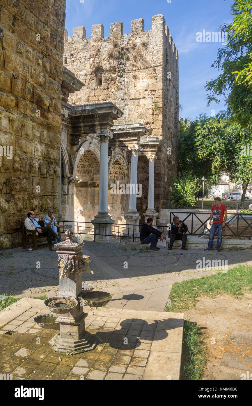 Hadrians gate at Atatuerk Caddesi, entrance to Kaleici the old town of Antalya, turkish riviera, Turkey Stock Photo